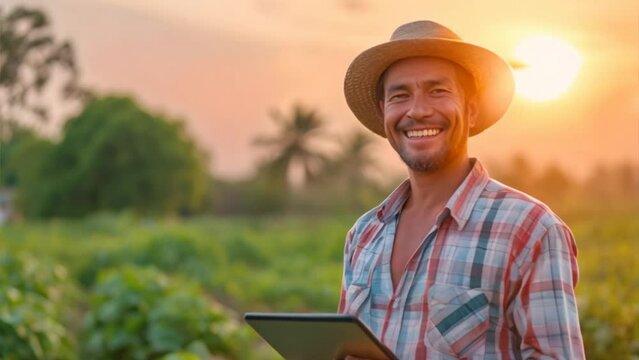 Farmer holding tablet , happy farmer in the field,