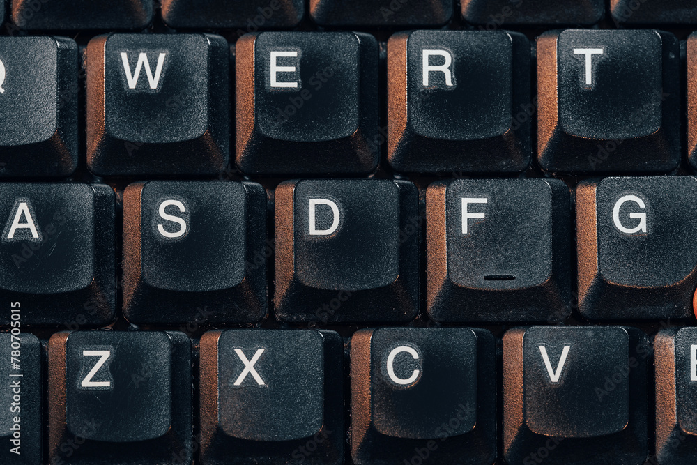 Fototapete old retro style aesthetic laptop computer keyboard with thick keys, top view shot from above, nobody