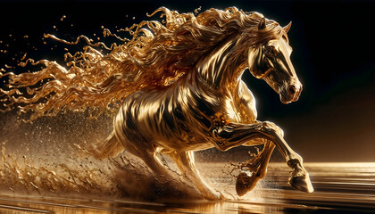 Golden Horse Galloping With Fluid Mane Resembling Liquid Gold in Dynamic Motion