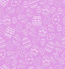 Seamless background for Happy Easter day. Decorative Easter eggs with different patterns and different sizes on a blue background.