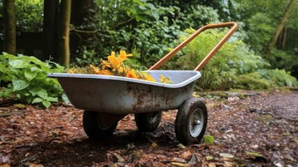 Garden wheelbarrow drenched in soothing rain