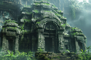 ancient mystical temple in a lush green forest, overgrown ruins in a serene and magical setting