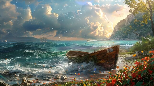 This realistic illustration serves as a concept art for a fictional backdrop titled "Sea, Boat, and Hope." It depicts a scene where a boat navigates the vast expanse of the sea
