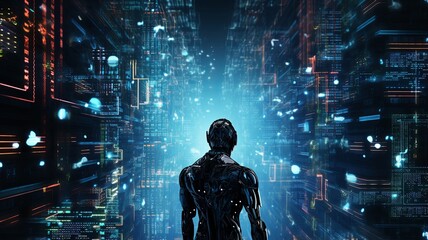 Graphic illustration of a humanoid android robot holding a robotic sphere eye and standing in front of a giant machine system hologram wheel technology data graphic, futuristic concept. - obrazy, fototapety, plakaty