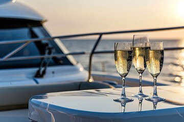 Obraz premium Champaign glasses on yatch silling on the ocean sea.