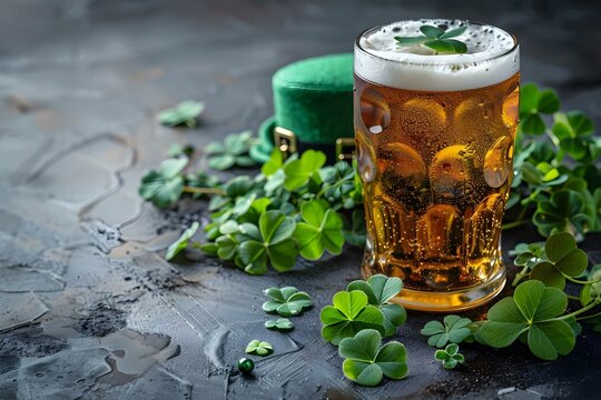 St Patrick's Day card with green hat, clover, fresh beer, and blank space for text. Concept St Patrick's Day, Greeting Card, Green Hat, Clover, Fresh Beer, Blank Space for Text