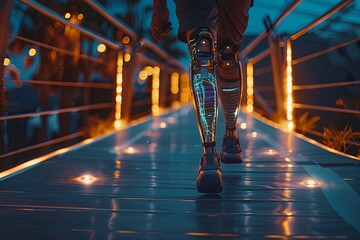 a person with a prosthetic leg is walking across a bridge at night - obrazy, fototapety, plakaty