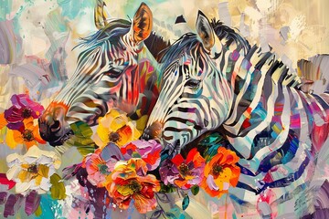 Colorful painting of zebras eating flowers in a meadow