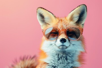 banner of fox with whiskers in sunglasses, swift fox, pink background