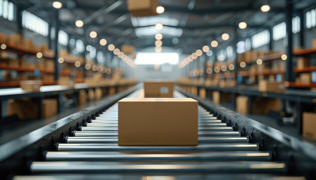 A conveyor belt in a warehouse with boxes on it by AI generated image