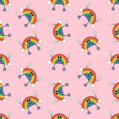 Seamless pattern. Rainbow of lgbt colors in retro groovy Y2k style with clouds.