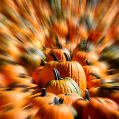 Rows of Pumpkins in Bright Sunlight Harvested in Fall Orange Autumn Zoom Blur