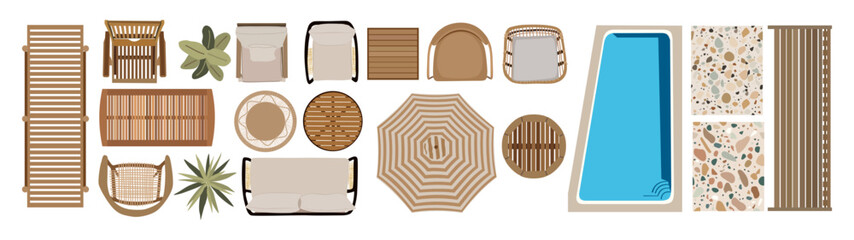 Obraz premium Top view of furniture icons for interior and landscape design plan. Sunbed, armchairs, table, plants, terrace, pool, patio, garden, porch zone. Vector illustrations isolated on transparent background.