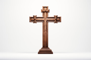 Christian religious wooden cross on white background. Christian religious crucifix on white background. Topics related to the Christian religion. Topics related to death. Object of worship and belief,