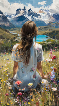 Digital art - Painting of a woman in a meadow of flowers