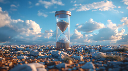 Hourglass on a sandy beach at sunset with waves in the background, symbolizing the concept of passing time and urgency. - obrazy, fototapety, plakaty