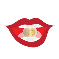 Woman mouth with euro coin inside