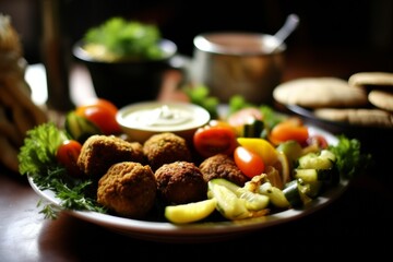 Falafel - Deep-fried balls or patties made from ground chickpeas or fava beans, often served in pita bread with tahini sauce and salad - obrazy, fototapety, plakaty