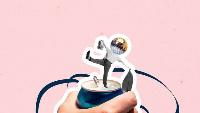 Stop motion, animation. Creative design. Businessman with disco ball head dancing on beer bottle. Friday evening chill. Concept of party, fun, celebration, creativity. Copy space for ad, text