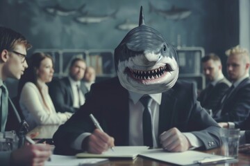 A dynamic office scene with a shark head businessman leading a meeting, illustrating leadership and assertiveness in the corporate environment - obrazy, fototapety, plakaty