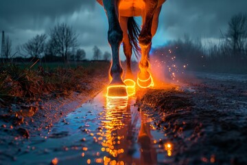 A horse with neon hooves trotting along a path, each step leaving a trace of light on the ground - obrazy, fototapety, plakaty