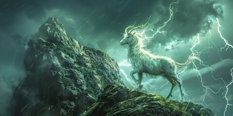 A Kirin standing atop a cliff during a thunderstorm, its body crackling with electric energy, symbolizing power and natural force - obrazy, fototapety, plakaty