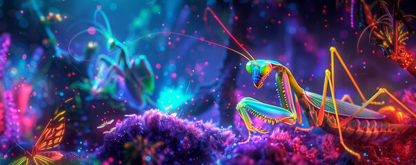 A neon-lit scene with a mantis in the foreground, surrounded by other insects, all glowing in vibrant, electric colors - obrazy, fototapety, plakaty
