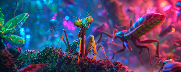 A neon-lit scene with a mantis in the foreground, surrounded by other insects, all glowing in vibrant, electric colors