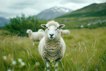 Fototapeta premium A fluffy sheep standing in a grassy field with a mountainous landscape in the background.