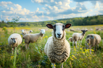 Obraz premium Sheep looking at camera in a sunny meadow