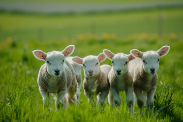 Obraz premium Lambs standing in a sunny green field