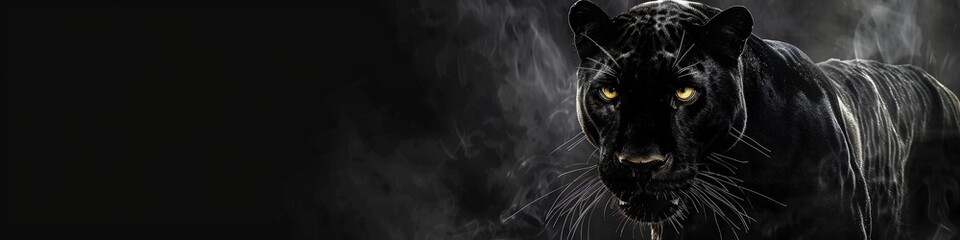 A sleek black panther, eyes gleaming, emerging from the shadows of a dark charcoal background