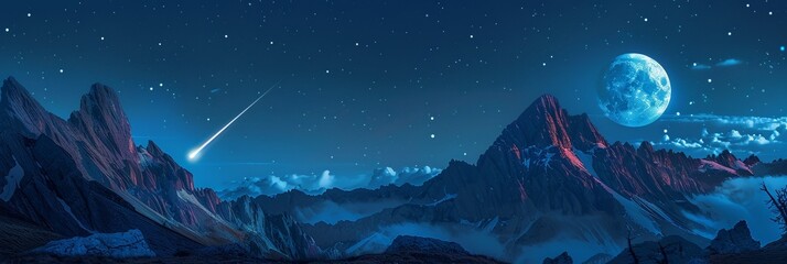 A single, luminous meteor descending over a mountain range, with a glowing trail, under the watch of a full moon and scattered starlight - obrazy, fototapety, plakaty