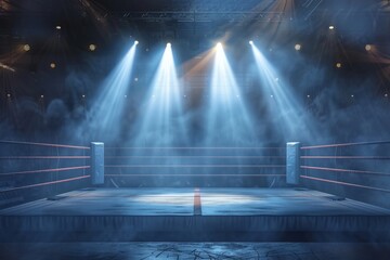A sports arena with a spotlighted ring ready for a boxing match, setting a dramatic scene for a sports event banner - obrazy, fototapety, plakaty