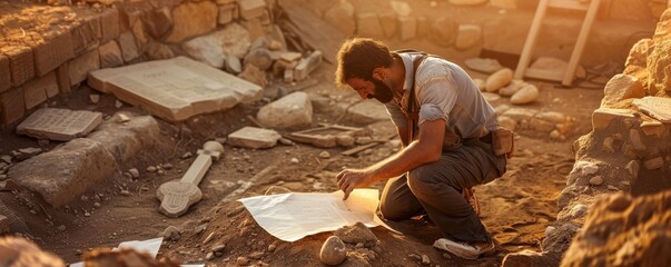 Archaeologist with ancient artifacts imposed on an active excavation site - obrazy, fototapety, plakaty