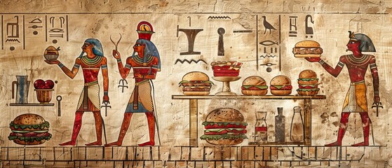 Ancient Egyptian hieroglyphs depicting the art of burger making