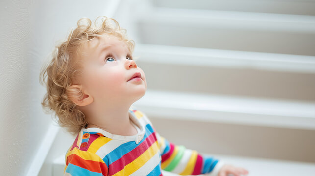 Young cute child is looking up and imagine in clear white room