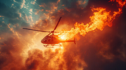 Illustration of a military helicopter, the helicopter is flying high in the sky, there is a lot of strong fire in the sky, the helicopter is being attacked from the ground, an explosion in the air war - obrazy, fototapety, plakaty