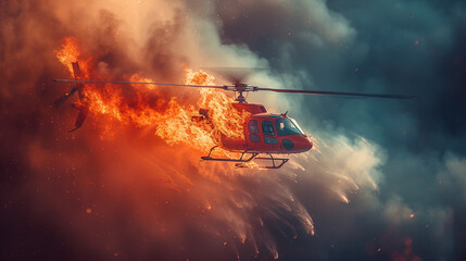 Illustration of a military helicopter, the helicopter is flying high in the sky, there is a lot of strong fire in the sky, the helicopter is being attacked from the ground, an explosion in the air war - obrazy, fototapety, plakaty