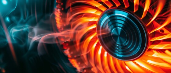 Close-up of a laptop's exhaust, with an LED fan spinning in a vibrant orange frenzy - obrazy, fototapety, plakaty
