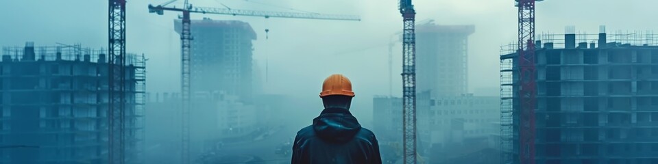 Construction overseer contemplates the rise of a concrete jungle in mist - obrazy, fototapety, plakaty
