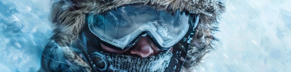 Close-up of an Arctic hiker in fur hood and frosty goggles, braving a blizzard, Ice Age-themed, retro painting style, blues and whites - obrazy, fototapety, plakaty