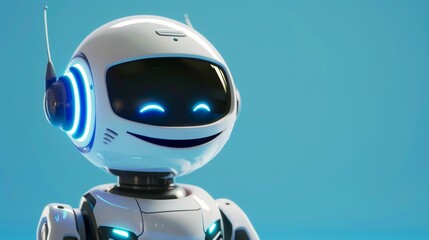 Cute 3D robot in customer service, handling inquiries with a smiley face and bubbly personality, making clients feel at ease - obrazy, fototapety, plakaty
