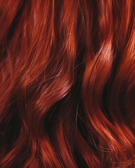 Close-up of vibrant red hair with glossy texture and subtle shimmer, highlighting individual strands and their vivid color