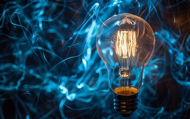 Electric brainstorm with a single bulb lighting up a storm of concepts - obrazy, fototapety, plakaty