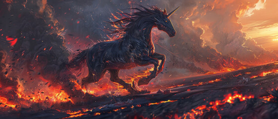 Dark Dragon Horse galloping across a lava-filled landscape, its hooves sparking flames, reflecting its untamed spirit and strength - obrazy, fototapety, plakaty
