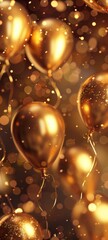 Elegant golden balloons ascending amidst a glittery bokeh, a celebration frozen in time