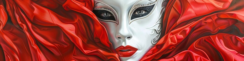 Elegant white mask with vibrant red fabric, ideal for a high-fashion magazine feature