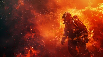 Firefighter with vibrant flames and a team in action, heroism in the heat - obrazy, fototapety, plakaty