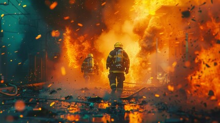 Firefighter with vibrant flames and a team in action, heroism in the heat - obrazy, fototapety, plakaty